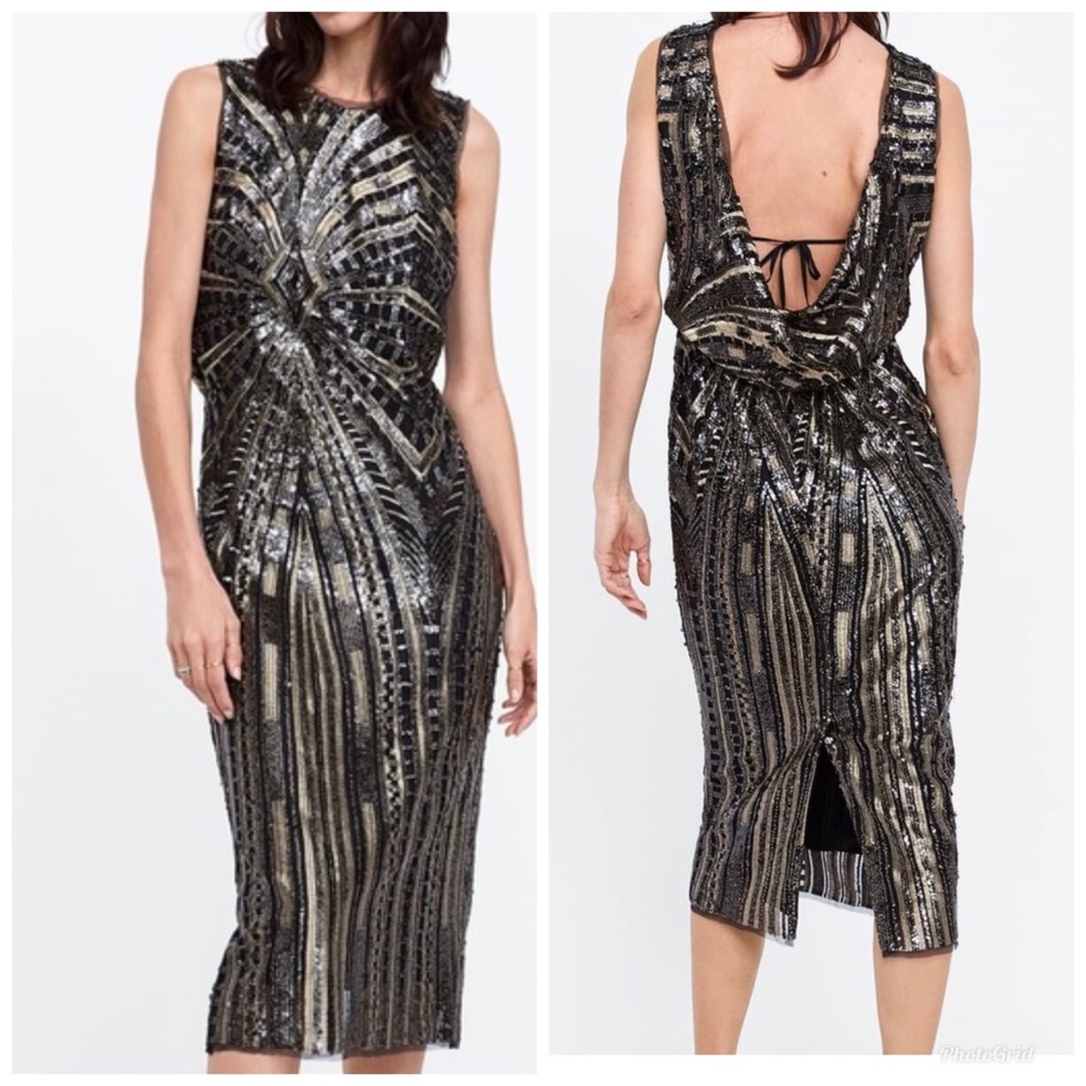 Zara Sequin Black and Gold Art Deco Dress Small NWT